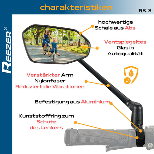 REEZER Bike Mirror RS3 left with extra large mirror surface - 360° adjustable bike mirror for E-bike & E-scooter handlebars - rear mirror compatible with all models - RIGHT