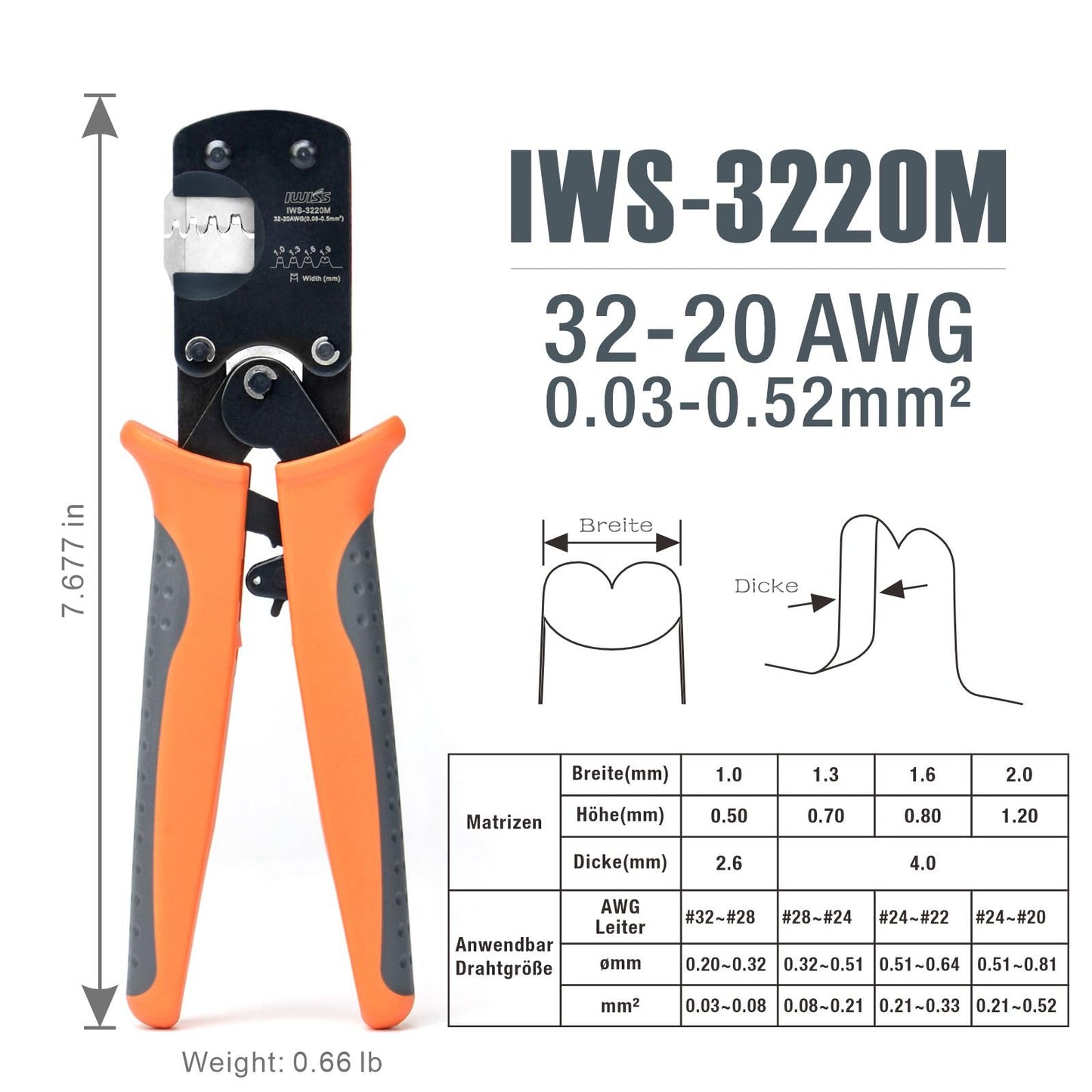 iCrimp IWS-3220M Crimping Tool for 0.03-0.5mm² wire ferrules, Micro connector pin crimping tool Ratchet crimper for D-Sub, open barrel Molex, JST, and JAE.