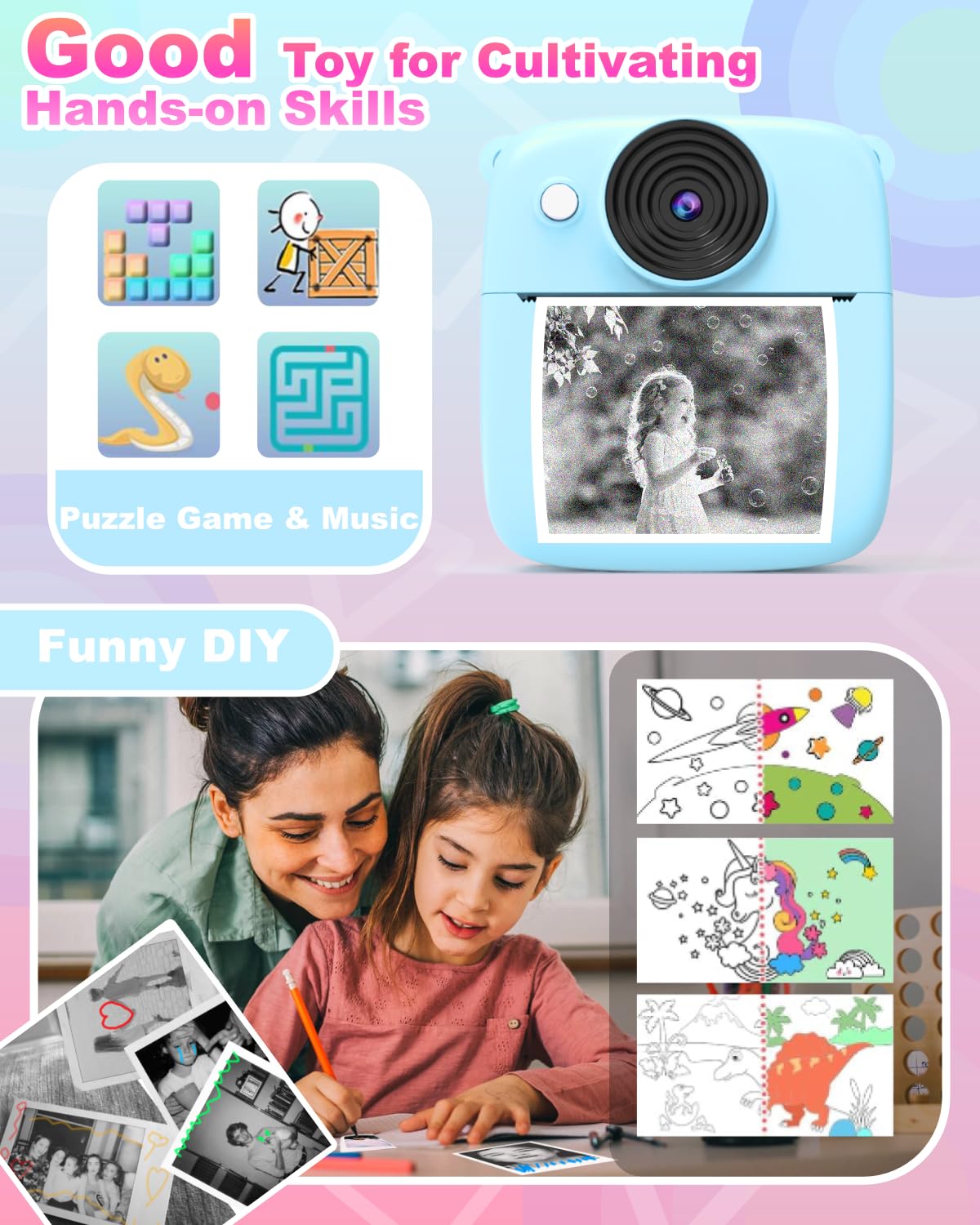 NUOTUN Instant Camera for Kids, Kids Camera with Photo Printing, 2.0 Inch HD Screen, 8X Zoom, 1080P Digital Camera with Printing Paper & Card, Kids Camera Gift for Girls & Boys 3-12 Years (Blue)