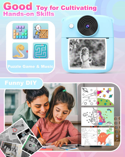 NUOTUN Instant Camera for Kids, Kids Camera with Photo Printing, 2.0 Inch HD Screen, 8X Zoom, 1080P Digital Camera with Printing Paper & Card, Kids Camera Gift for Girls & Boys 3-12 Years (Blue)
