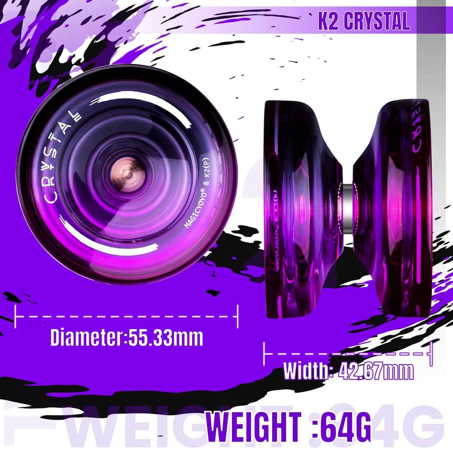 MAGICYOYO Crystal Yoyo K2, professional yo-yo for responsive and unresponsive play, with ball bearing and axle for tricks. Great for kids and beginners, comes with 12 strings, case, and accessories (Black Purple).
