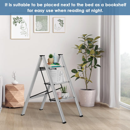 TLGREEN Aluminum Step Ladder 3-step Foldable Ladder Non-slip Standing Ladder Household Ladder Multifunctional Step Stool Easy to Store up to 150kg Load Capacity for Kitchen Household Outdoor Office Silver