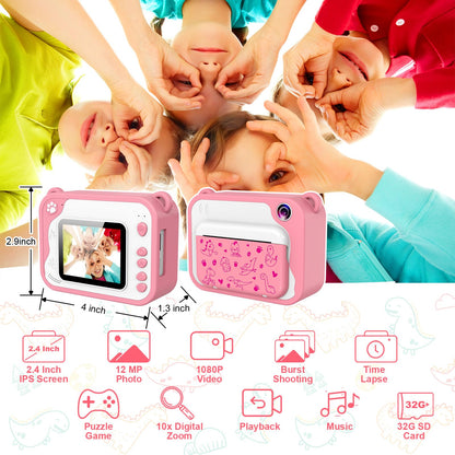 Children's camera, digital camera, instant print camera, 1080P, 2.4-inch screen, video camera, black and white film camera with 32GB card, 3 rolls of printing paper, 5 colored brush pens. A gift for children aged 3-12 years.