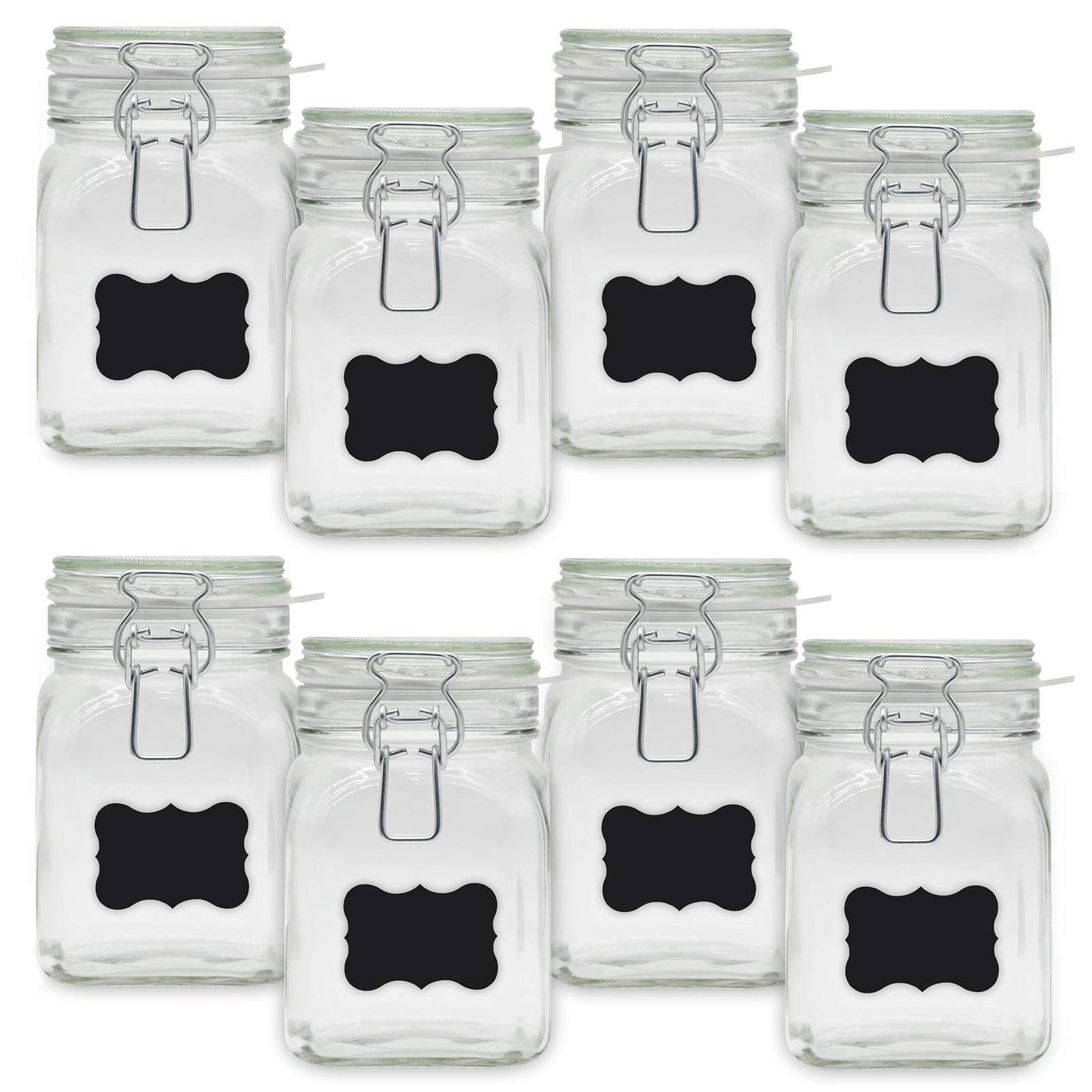 Creative Home 8 x Mason Jars with Clamp Lid | Jars 750ml | Mason Jar Canning Jars with Lid and Rubber Ring | Clamp Jar airtight | 12 Reusable Stickers + 1 Anti-Dust Chalk