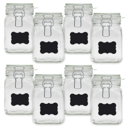Creative Home 8 x Mason Jars with Clamp Lid | Jars 750ml | Mason Jar Canning Jars with Lid and Rubber Ring | Clamp Jar airtight | 12 Reusable Stickers + 1 Anti-Dust Chalk