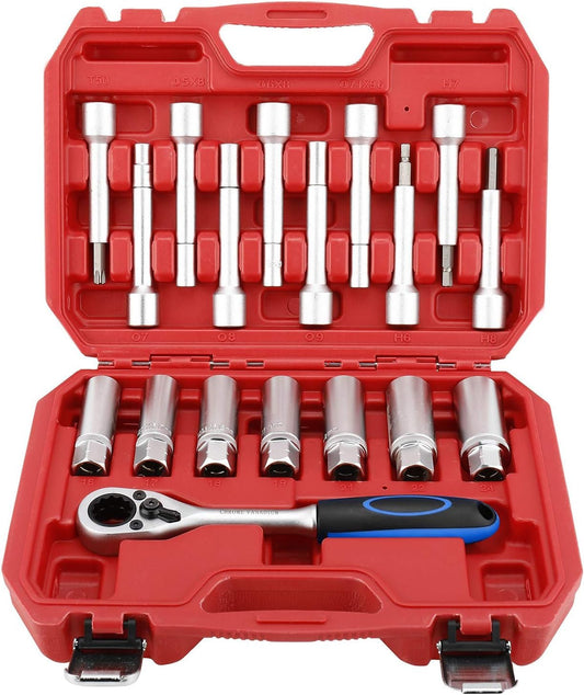 FreeTec 18-piece shock absorber, spring strut, and strut bearing tool set with 1/2 inch drive.