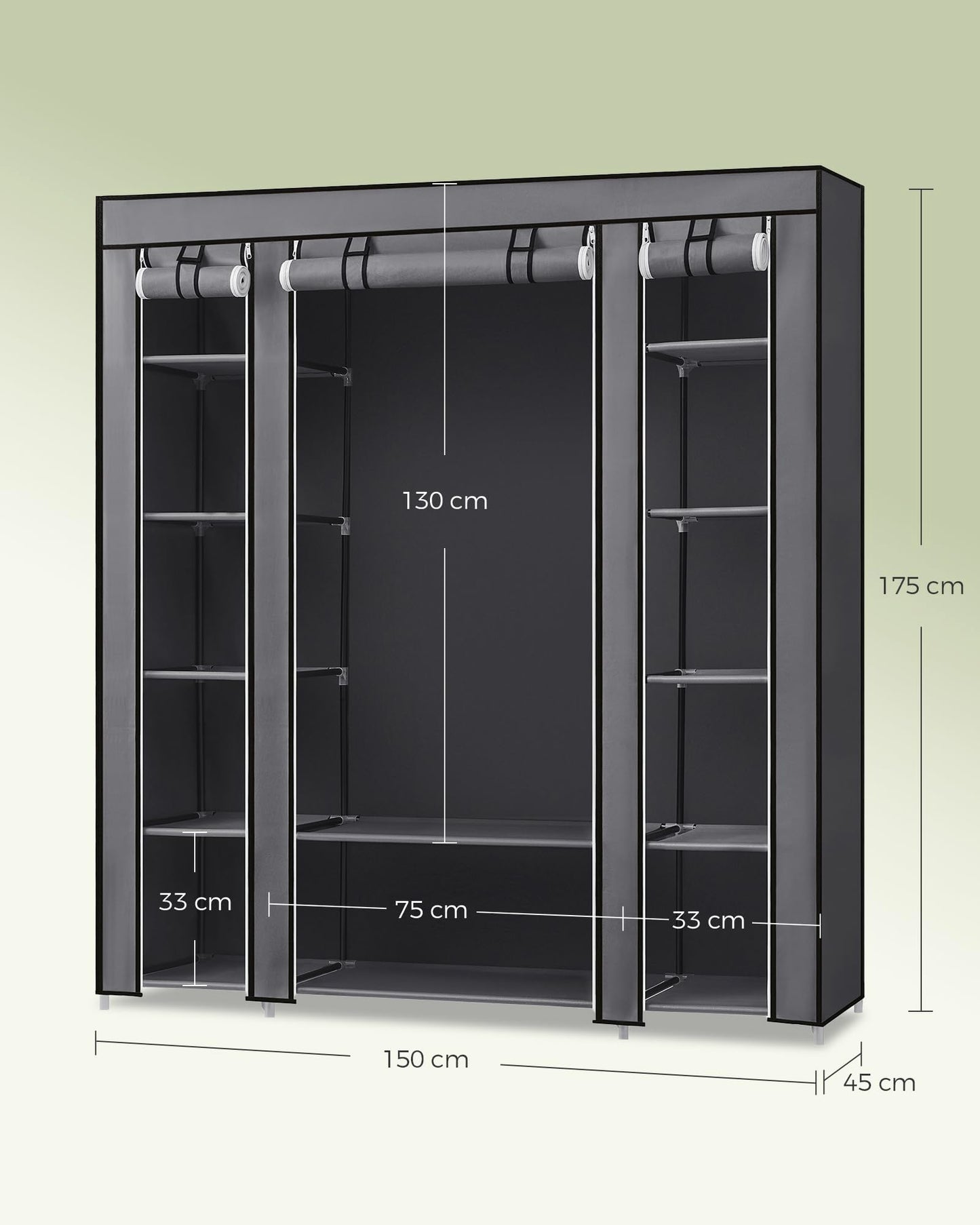 SONGMICS wardrobe, fabric closet with 12 shelves and clothes rail, sturdy cabinet for bedroom, dressing room, 150 x 45 x 175 cm, grey LSF03G