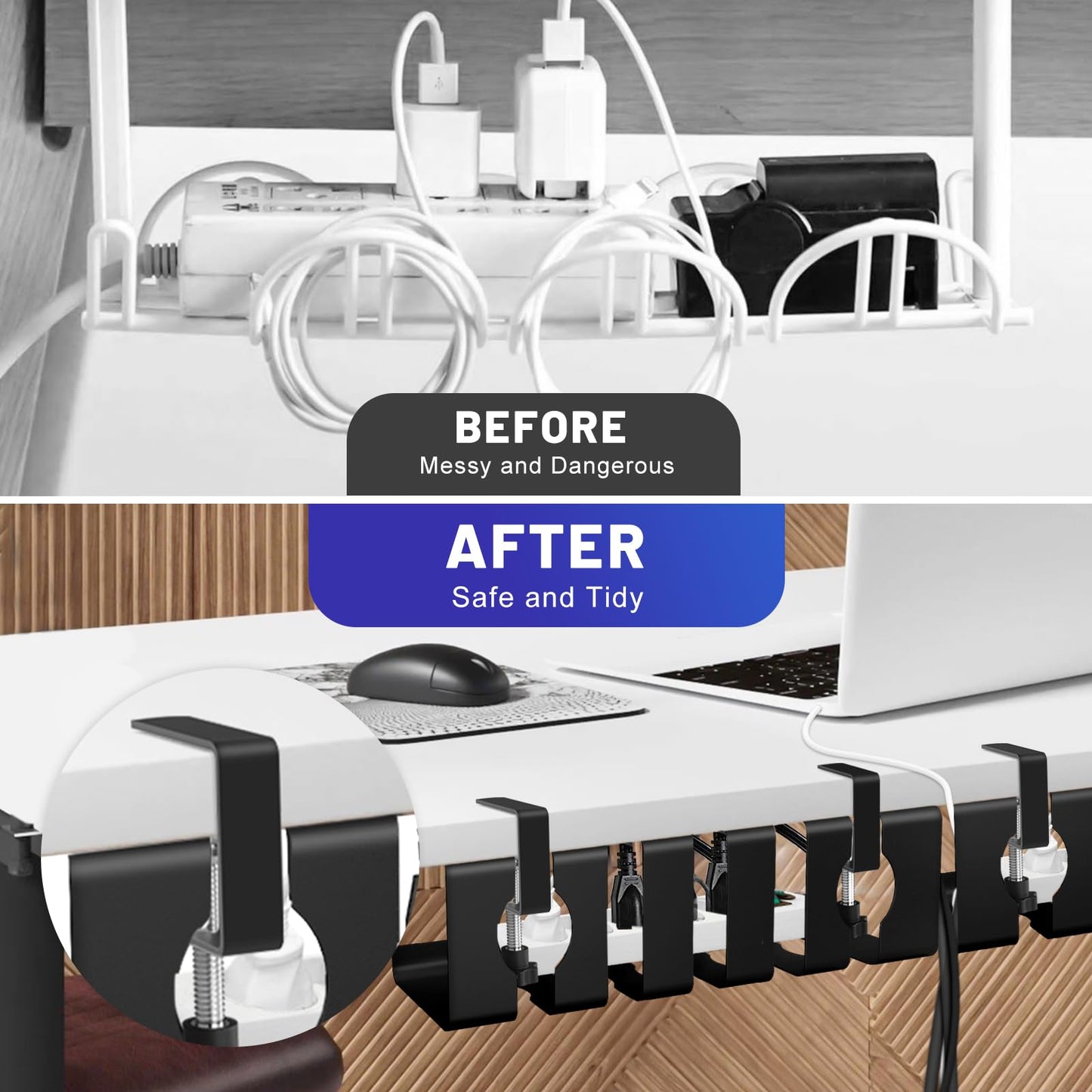 Lannvan Cable Channel Desk without drilling - 2 pack Cable Management Desk Clamp Under Desk - Includes Accessories - 43 x 13 x 12 cm Cable Holder Cable Tray Table - Cable Basket Black