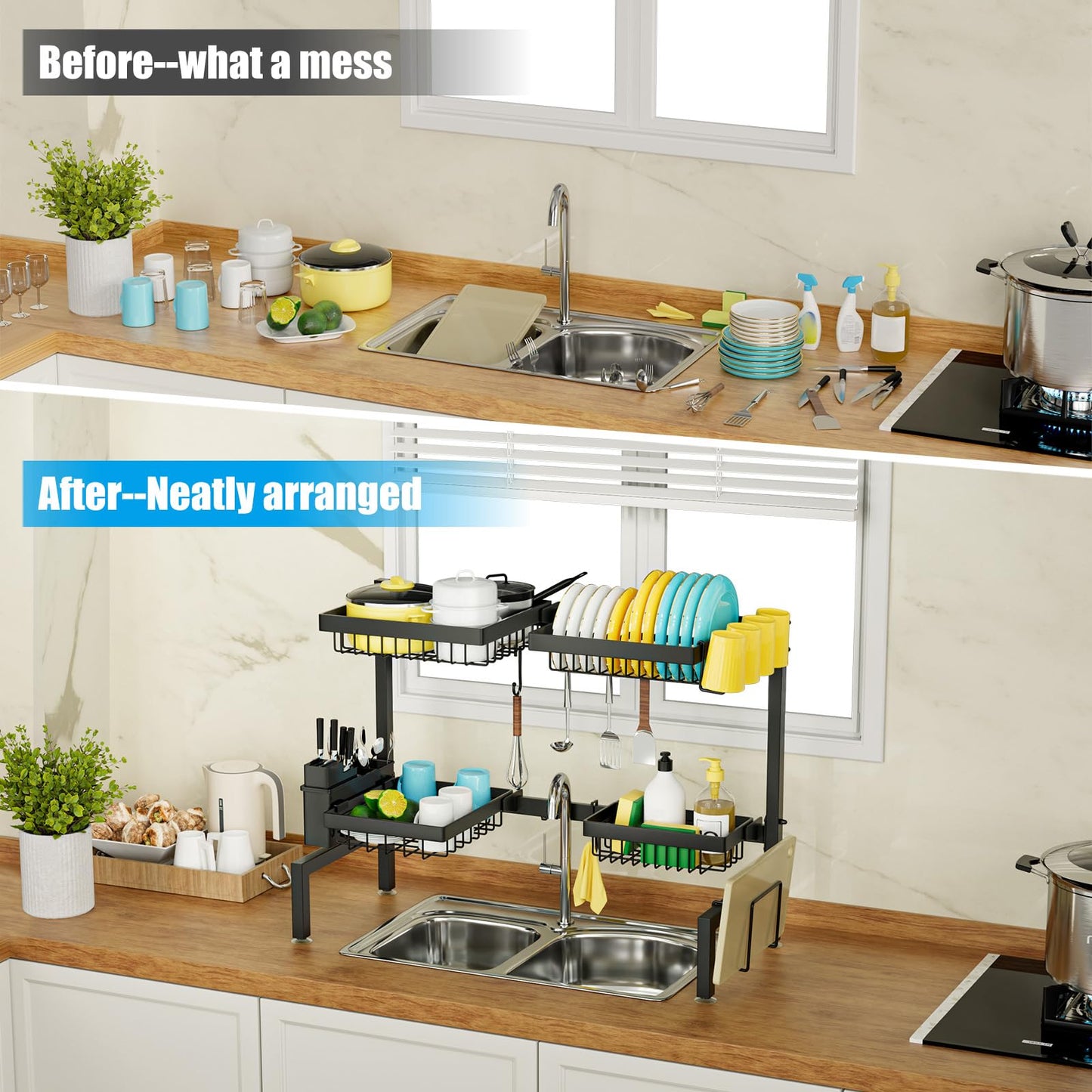 SNSLXH 3-tier dish drying rack with 6 baskets, 63-89.9 cm, sink dish drying rack, large kitchen sink shelf, extendable and adjustable, saves space in the kitchen.