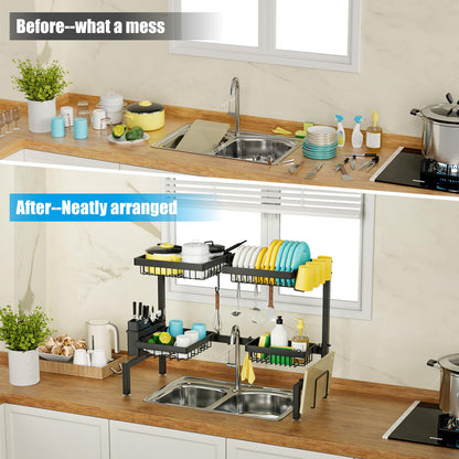 SNSLXH 3-tier dish drying rack with 6 baskets, 63-89.9 cm, sink dish drying rack, large kitchen sink shelf, extendable and adjustable, saves space in the kitchen.