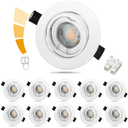 Unikcst 10 pack Dimmable LED Recessed Lights 230V Ultra Flat Swivel Ceiling Spots Round White Recessed Spot 68mm hole diameter, incl. 6W LED Module Neutral White