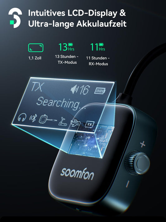 SOOMFON Bluetooth 5.3 jack sender with display, 2 in 1 Bluetooth transmitter receiver splitter for 2 headphones like Airpods, jack audio adapter with battery for airplane, TV, fitness, and stereo system.