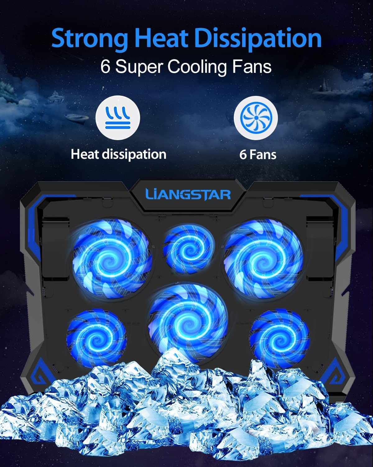 LIANGSTAR Laptop Cooler | Laptop Cooling Pads for 12-17 inch Notebook | 6 Fans with LEDs | 2200 RPM | Quiet Cooling | 2 USB Ports | 3 Height Adjustments | Cooling Pad Cooler Stand