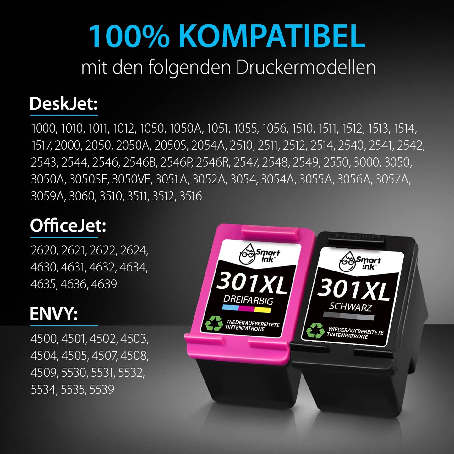 Smart Ink Remanufactured Printer Cartridges as a replacement for HP 301XL 301 XL (2 multipack black & colored) for DeskJet 1000 1050 2050 2050A 2050 1510 3055a HP Envy 4500 4504 5530 Officejet 2620 2622