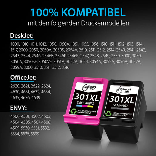Smart Ink Remanufactured Printer Cartridges as a replacement for HP 301XL 301 XL (2 multipack black & colored) for DeskJet 1000 1050 2050 2050A 2050 1510 3055a HP Envy 4500 4504 5530 Officejet 2620 2622