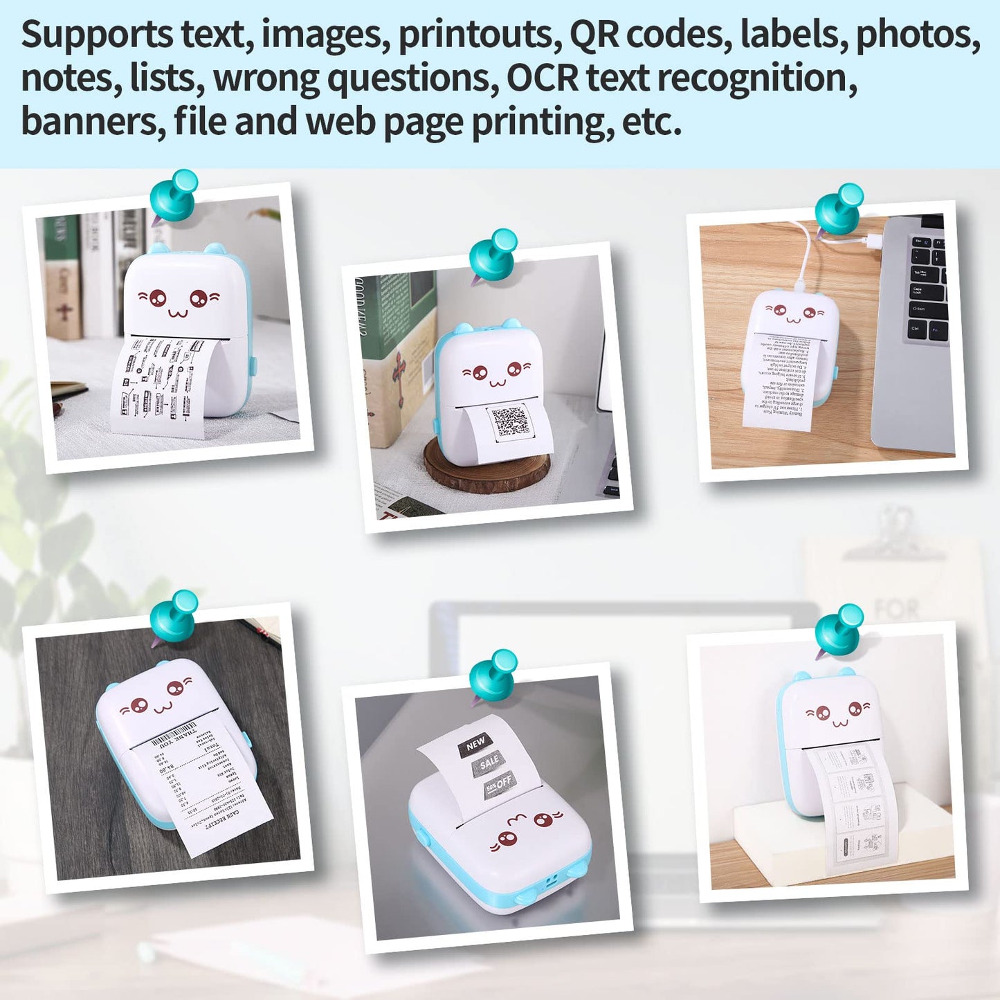 Mini printer pocket printer thermal photo printer image photo labels memo receipt paper printer photo printer with 15 rolls of printer paper compatible with Android, iOS system for journal, travel