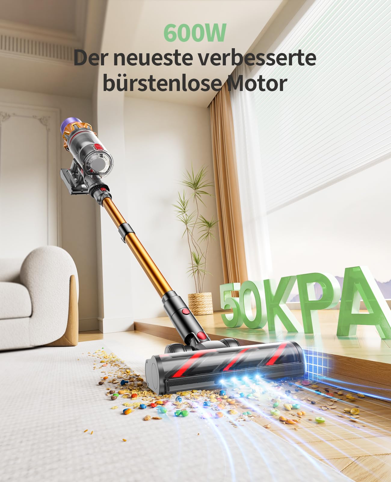 SunSare Cordless Vacuum Cleaner 600W/50000Pa/65Min, with Smart Display and Charging Dock, Lightweight Anti-tangle Handheld Vacuum, Super Quiet for Hard Floors Carpets Pet Hair.