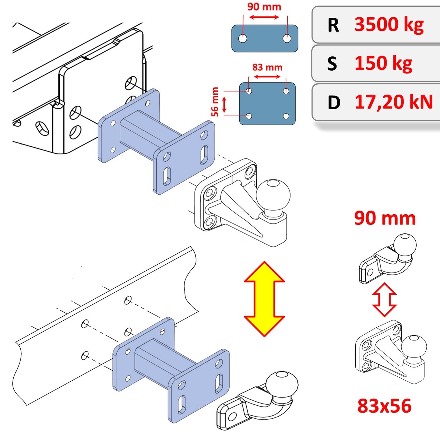 XIMPLIO adapter extension hook extension for flange ball trailer hitch with ABE (75 mm)