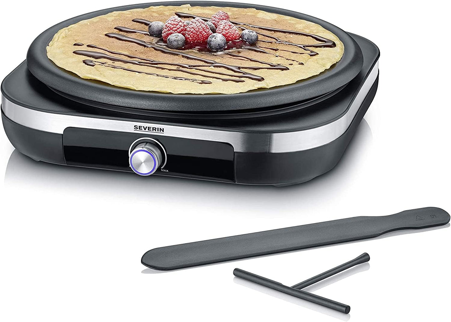 SEVERIN Crêpe Maker, crepe iron for sweet crepes and savory galettes, with removable XXL grill plate (38 cm), approx. 1,500 W, stainless steel brushed/black, CM 2199