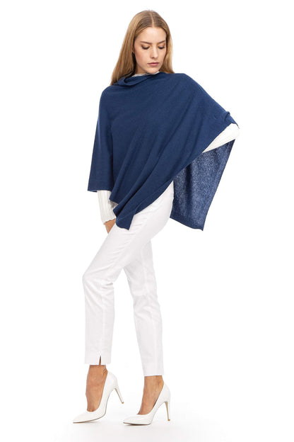 Navy Cashmere - Women's cashmere blend poncho, delicate and soft, made from cashmere (Navy Blue)