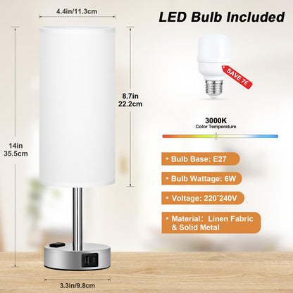 Kakanuo bedside lamp with touch dimming, table lamp with USB A+C+socket charging function, lampshade made of linen fabric, lamp for bedside living room bedroom children's room office (includes bulb)