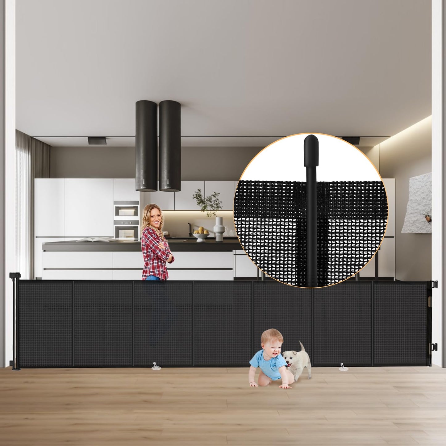 Retractable stair gate 300cm, extendable door gate reinforced 89cm high, extra wide baby safety gate, stair guard dog door gate stair guard gate stairs.