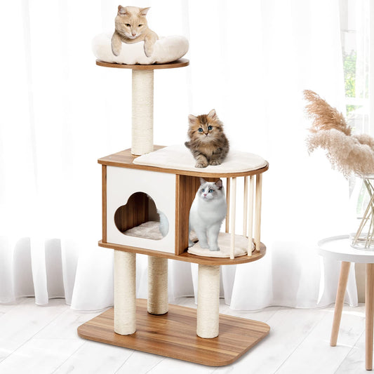 GYMAX Cat Tree Stable Cat Furniture Cat Scratching Post Climbing Tree for Cats Height 117 cm (Brown)