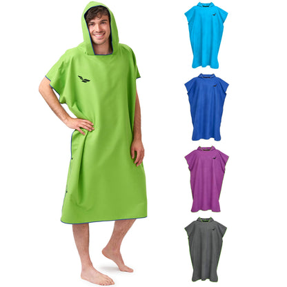 Fit-Flip Beach Poncho for surfers - quick-drying microfiber towel poncho - changing aid for beach - ultralight surf ponchos - adult bath poncho (size M, green/dark blue)