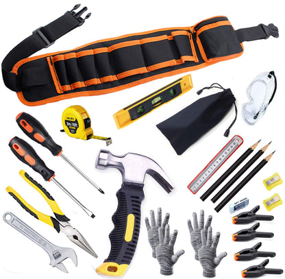 Children's tool set, youth construction workers, kid-size, real hand tools, 25 pieces, hammer, learning tool, belt, waist, junior, boys, teenagers, beginners, woodworking, construction, repair kit.