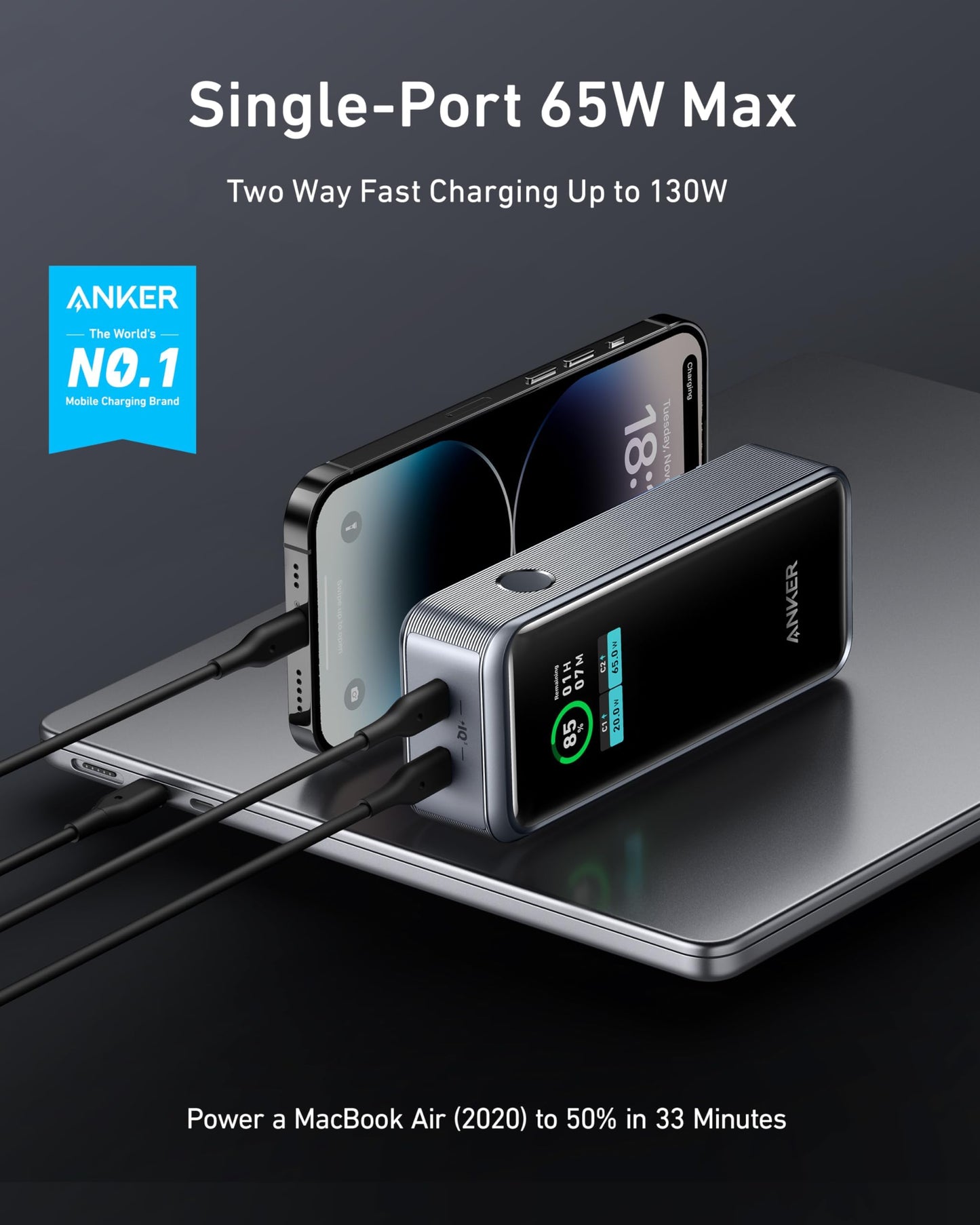 Anchor Prime Power Bank, 12,000mAh 2-Port charger with 130W output, Smart Display, Compatible with iPhone 14/13 series, Galaxy, MacBook, Dell, and more (charging station not included)