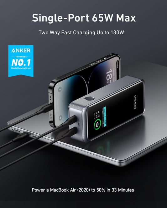 Anchor Prime Power Bank, 12,000mAh 2-Port charger with 130W output, Smart Display, Compatible with iPhone 14/13 series, Galaxy, MacBook, Dell, and more (charging station not included)