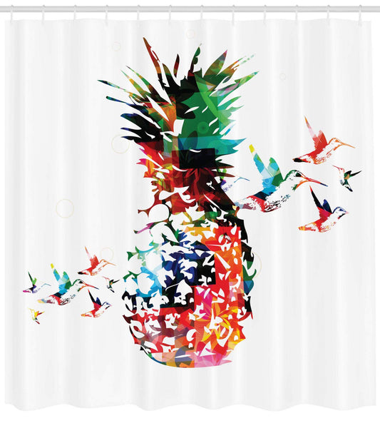 ABAKUHAUS Pineapple Shower Curtain, Modern Geometric Art, Fabric Bathroom Decor Set with Hooks, 175 x 240 cm, White Green Red