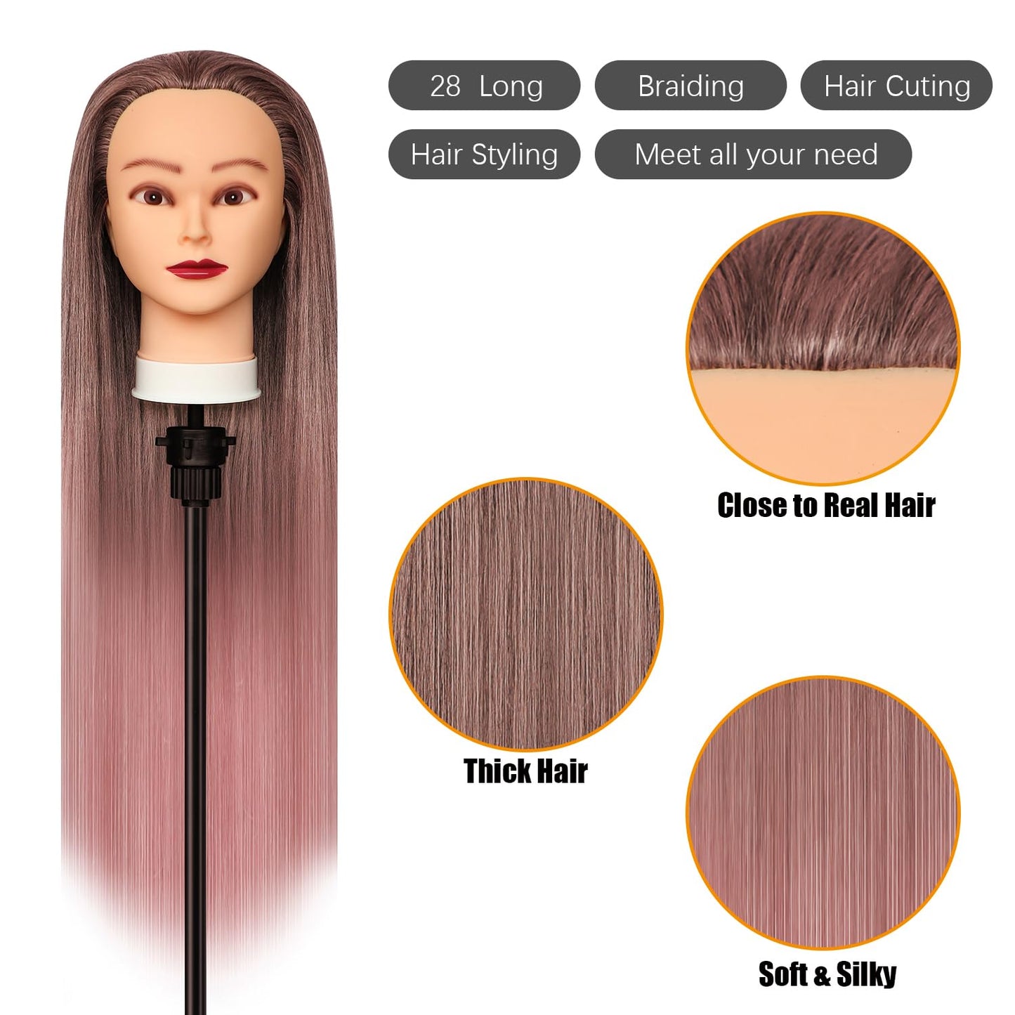 Training mannequin heads, 28 inch practice head styling head for hairdressers made of 100% synthetic fiber hair. Comes with free clamp and DIY braiding set. Gradient pink color.