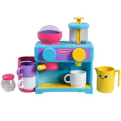 Tomy Toomies Bath Barista - Wall-mounted baby bath toy as a café & foam bath play kitchen for toddlers - Kitchen set: 3 cups, 1 jug, 1 shaker - for girls & boys aged 18 months and up.