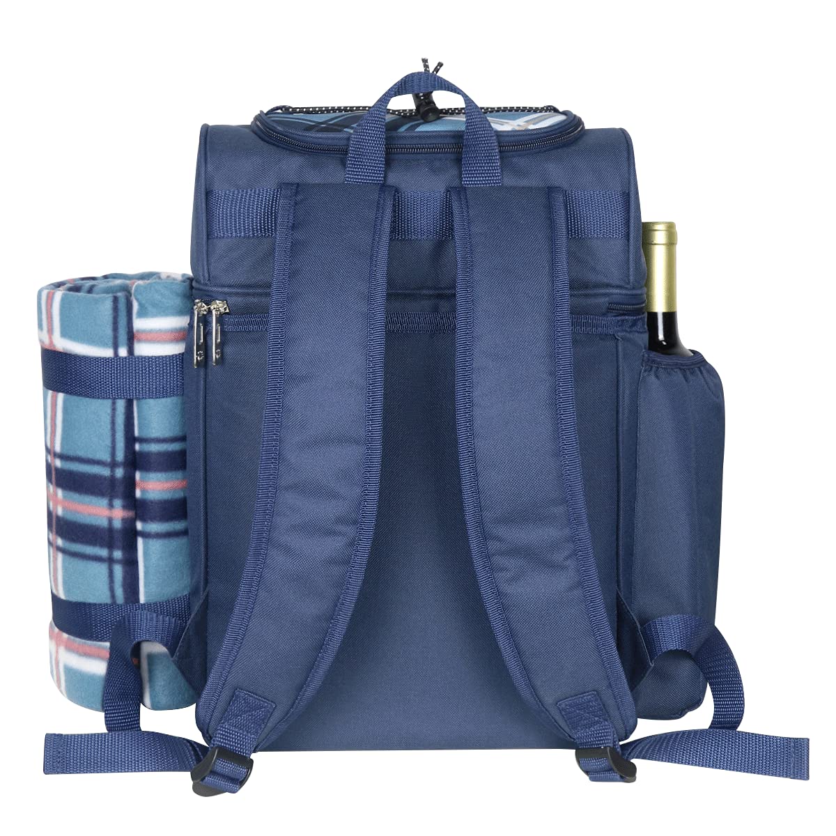 Hap Tim picnic basket backpack for 2 people with insulated leakproof cooler compartment, wine holder, fleece blanket, cutlery set, perfect for beach camping party (EU-36083-BL)
