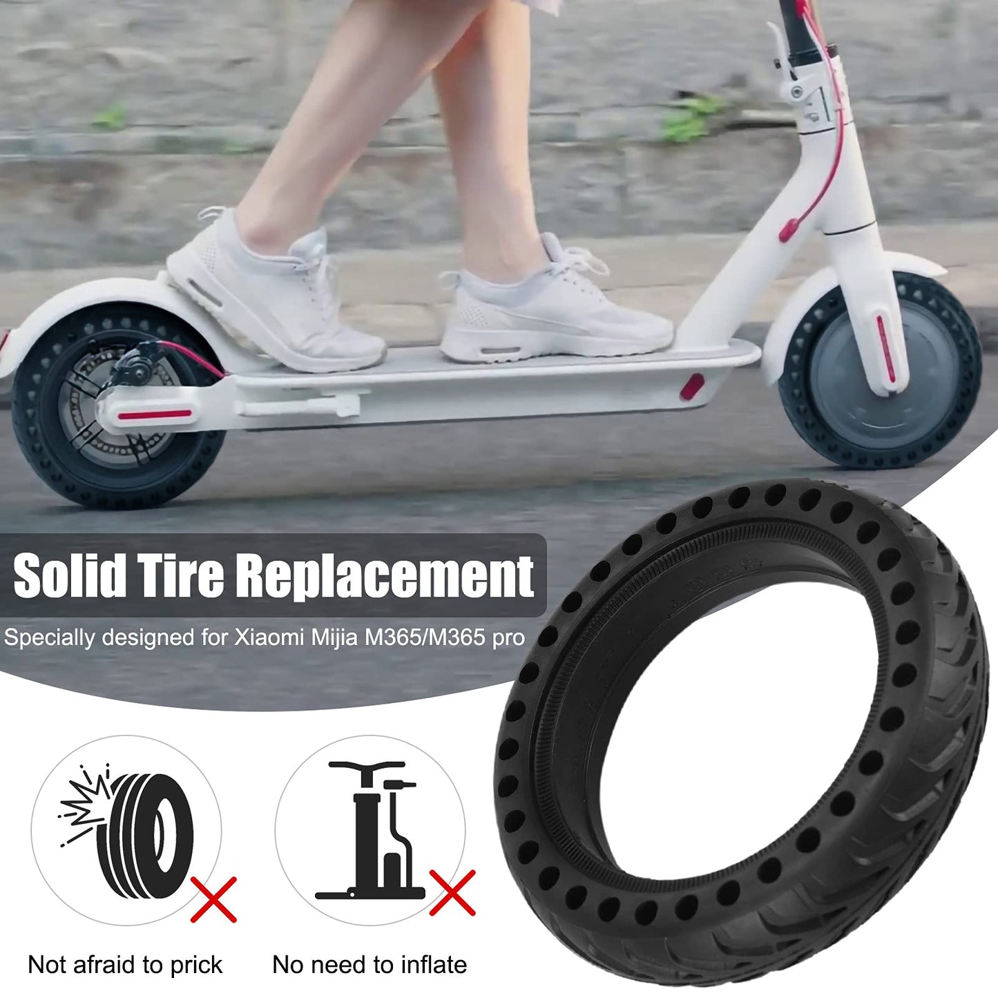 OUXI 8.5 inch E Scooter Solid Tire, 8 1/2 Solid Rubber Tire, 50/75-6.1 Tubeless Solid Tire for Xiaomi 1S / Pro 2 / M365 / M365 Pro / 3 / 3 Lite / Essential and all 8.5 inch Scooter Tires.