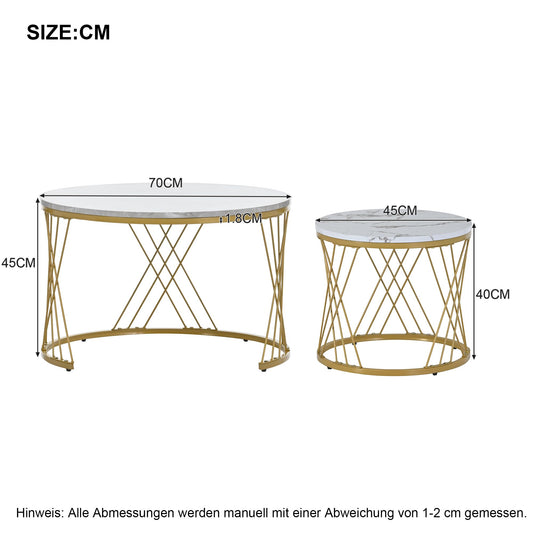 Modern Round Coffee Table Set of 2, Side Table Set, Coffee Table Set Marble Veneer Sofa Side Nest of Tables Round End Tables, Set of Tables for Living Room Bedroom, Gold Frame (White + Gray)
