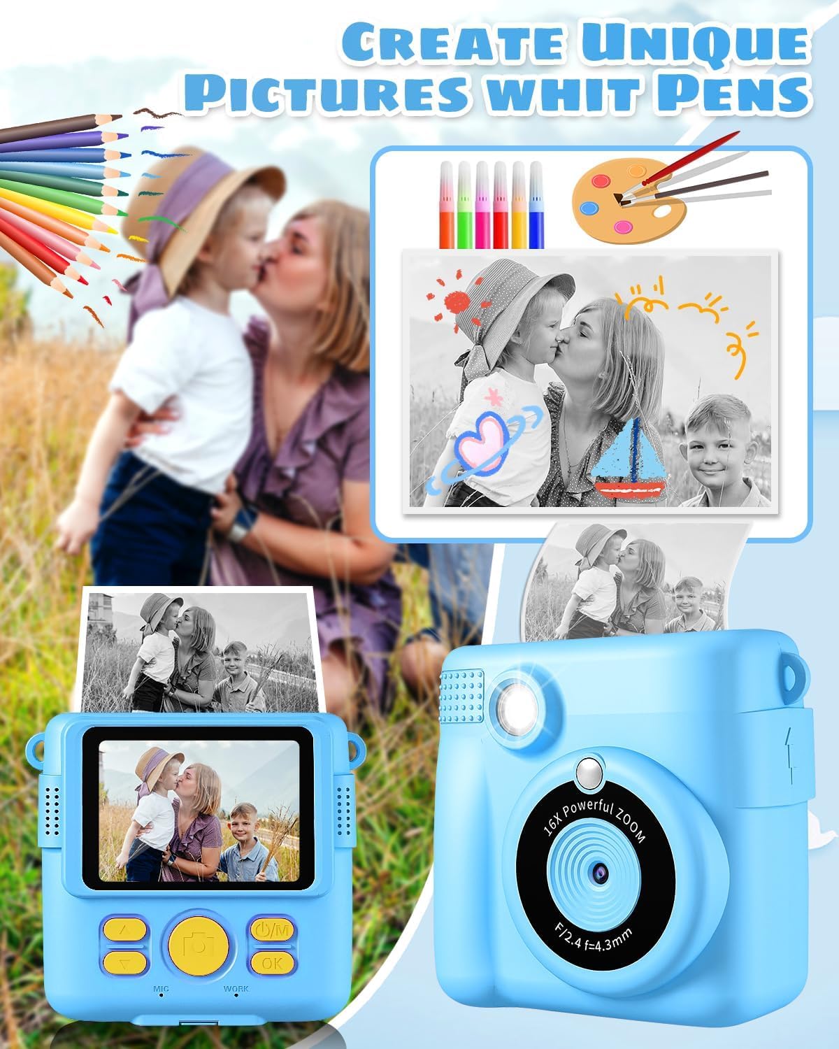 Kids Camera Toy, 2.4 inch Screen DIY Instant Camera for Kids, 1080P HD Video Digital Camera with 32GB SD Card & Printing Paper, Gift for Girls & Boys aged 3-14 (Blue)