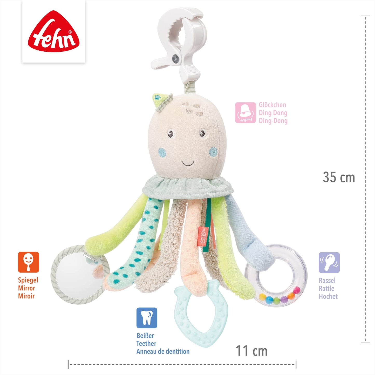 Fehn Activity Octopus Toy - Baby motor skills toy for strollers, cribs, and car seats for biting, grabbing, and making noise - Teething toy for babies and children aged 0+ months.