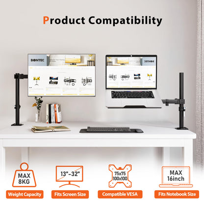 Redbat monitor arm with ventilated laptop tray, fully adjustable for 13 to 32 inch LCD LED screen & up to 16 inch notebook, 2 mounting options, tilt, swivel & rotate