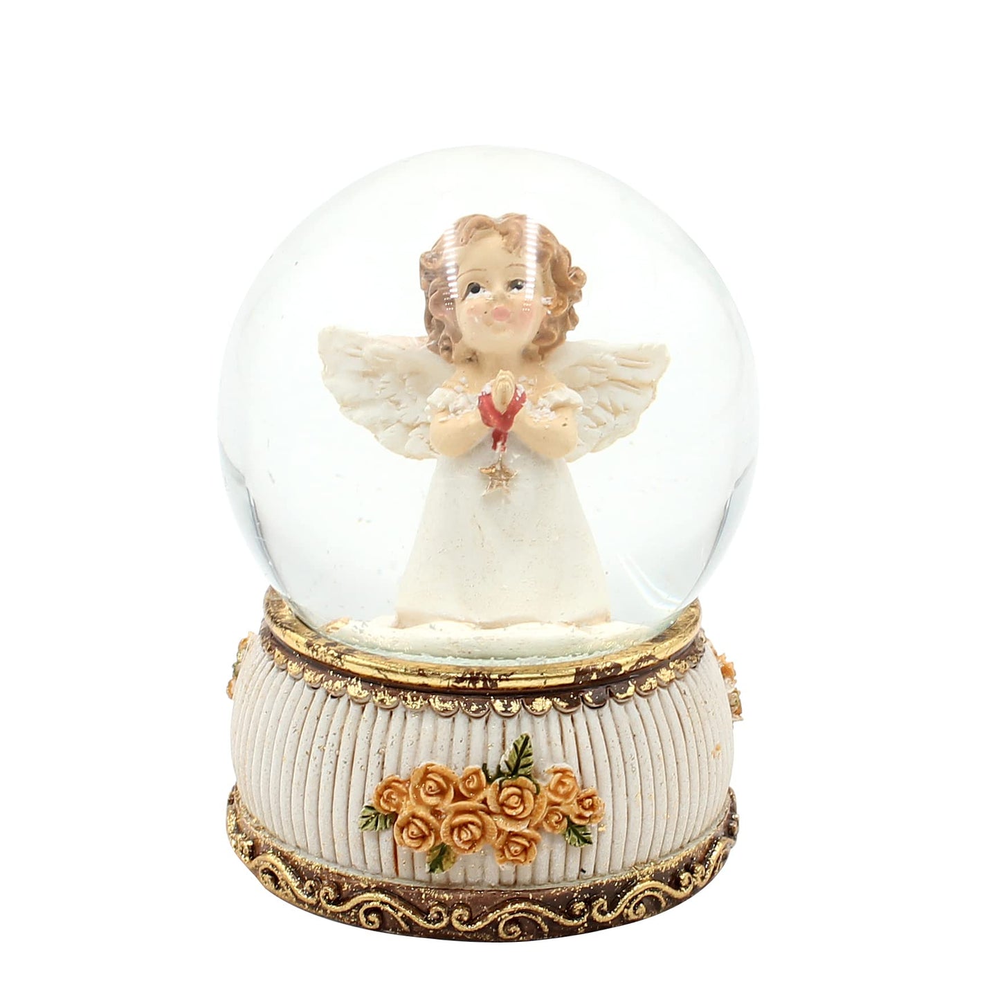Snow globe/shake ball standing angel with star in hand, antique base with roses, size L/W/H approx. 8 x 6.5 x 8 cm, Ø ball 6 cm.