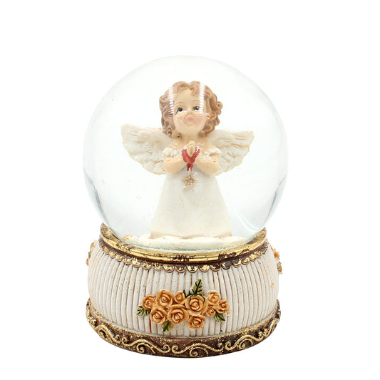 Snow globe/shake ball standing angel with star in hand, antique base with roses, size L/W/H approx. 8 x 6.5 x 8 cm, Ø ball 6 cm.