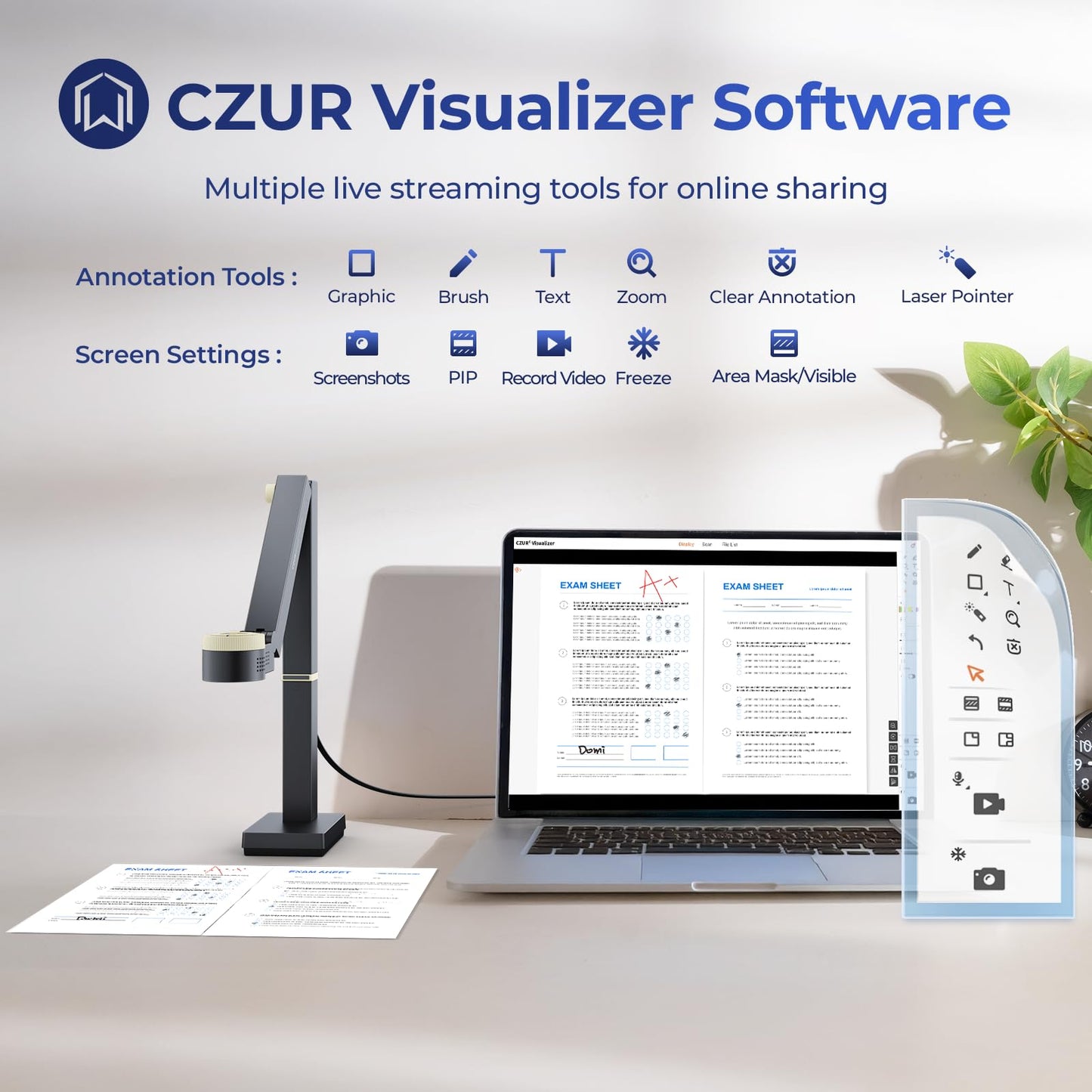 CZUR 12MP USB document camera with 4K resolution, Dual-Auto-Focus, 60FPS, A3 size, LED light, MIC, Rotate, Mirror functions. Foldable visualizer for macOS and Windows. Fancy S Pro.