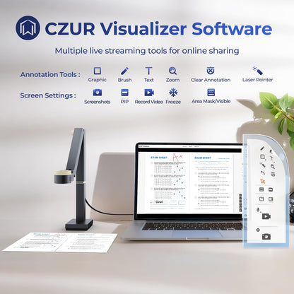 CZUR 12MP USB document camera with 4K resolution, Dual-Auto-Focus, 60FPS, A3 size, LED light, MIC, Rotate, Mirror functions. Foldable visualizer for macOS and Windows. Fancy S Pro.