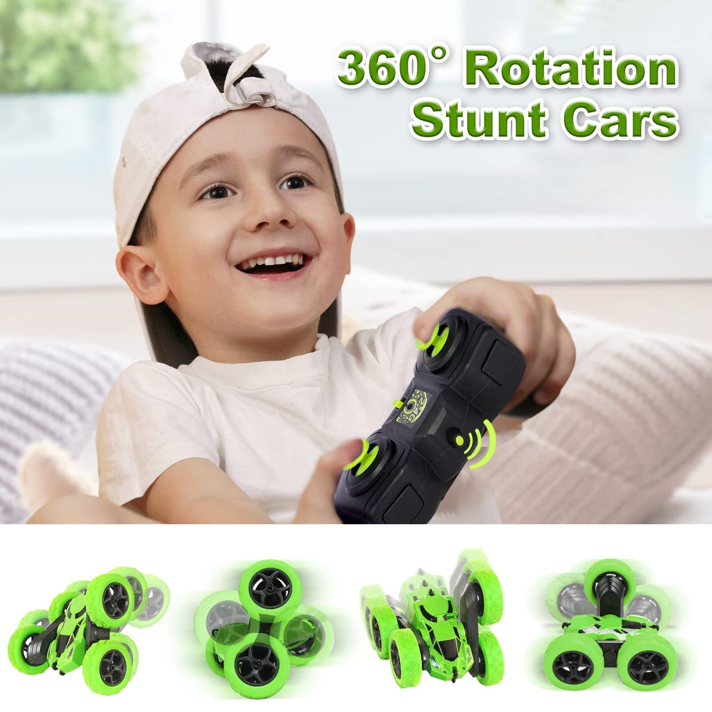 Remote control car, 90 min playtime, 2.4GHz double-sided 360° rotating RC stunt crawler with headlights, 4WD off-road drift RC car toy gifts for boys 6-12 green