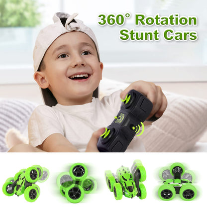 Remote control car, 90 min playtime, 2.4GHz double-sided 360° rotating RC stunt crawler with headlights, 4WD off-road drift RC car toy gifts for boys 6-12 green