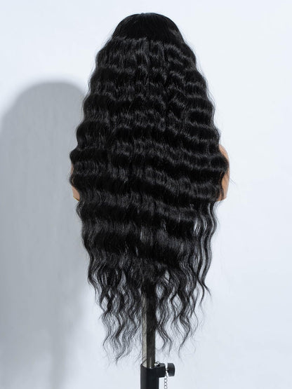 Joedir Lace Front Wigs 76CM long wavy synthetic wig deep part HD transparent lace with baby hair for women 130% density wigs (black)