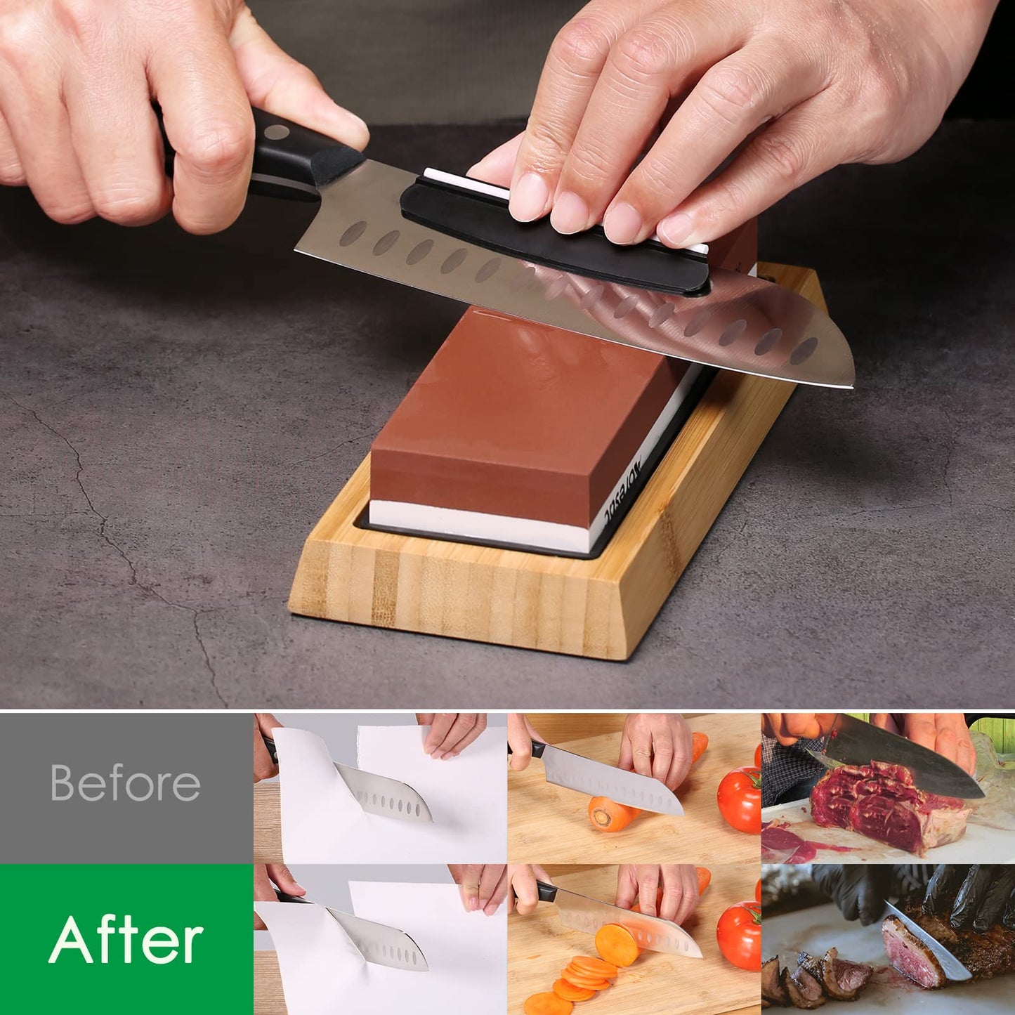 Aoresac Sharpening Stone Knife Set with Bamboo Base, includes sturdy sharpening stone and sharpening guide. Features 400/1000 and 3000/8000 double-sided sharpening stones.