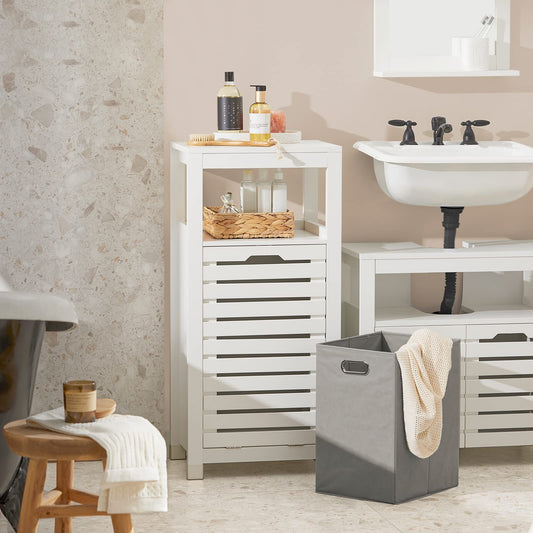 SoBuy Bathroom Cabinet with Laundry Basket - Laundry Cabinet, Bathroom Cabinet with Fold-Out Laundry Bag, Compact Bathroom Shelf, Wooden Bathroom Furniture, White, 42x90x30cm, BZR67-W