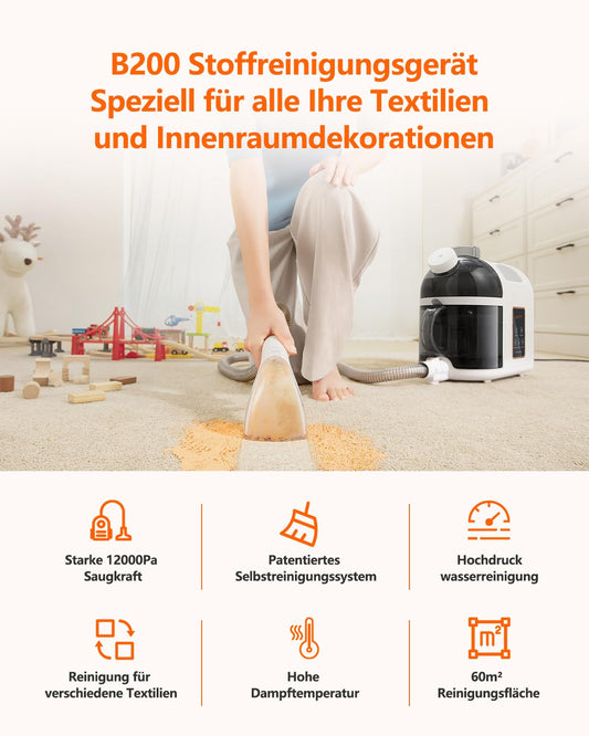 Uwant B200, upholstery cleaner device, 1900W | Steam cleans, scrubs, and sucks | For carpets, sofas, curtains, clothing | 74dB, 12000Pa